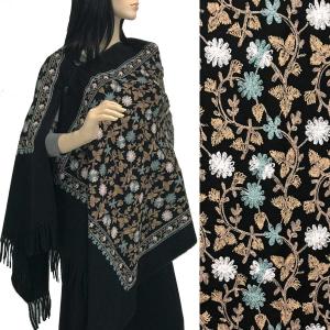 3218 - Embroidered Cashmere Feel Button Poncho/Sha BLACK FLORAL Embroidered Cashmere Feel Shawl w/Wooden Buttons (BCFEB) - 