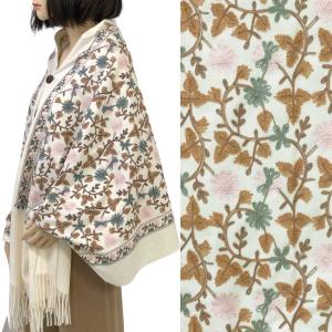 Wholesale  CREAM FLORAL Embroidered Cashmere Feel Shawl w/Wooden Buttons (BCFEB) - 