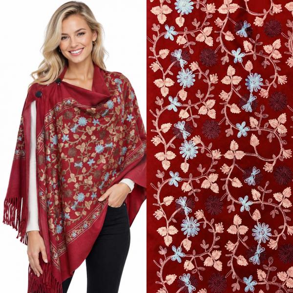 wholesale 3218 - Embroidered Cashmere Feel Button Shawls Burgundy Floral  - 