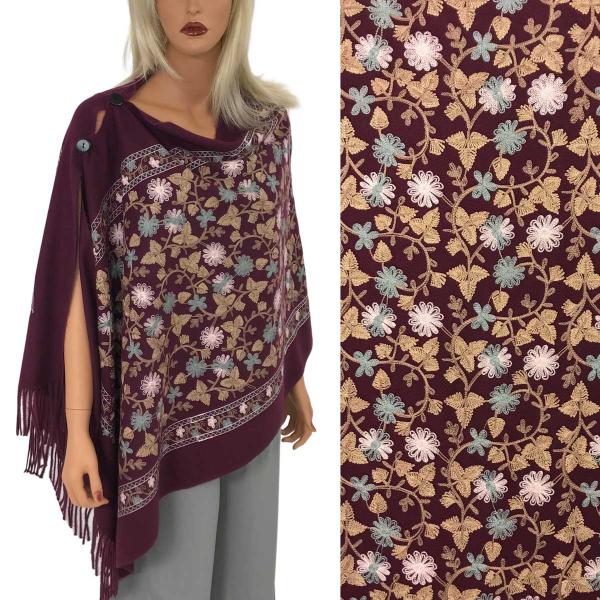 Wholesale 3218 - Embroidered Cashmere Feel Button Shawls Dark Plum Floral*  - 