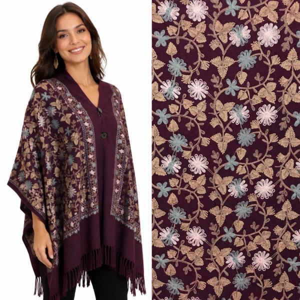 wholesale 3218 - Embroidered Cashmere Feel Button Shawls Dark Plum Floral - 