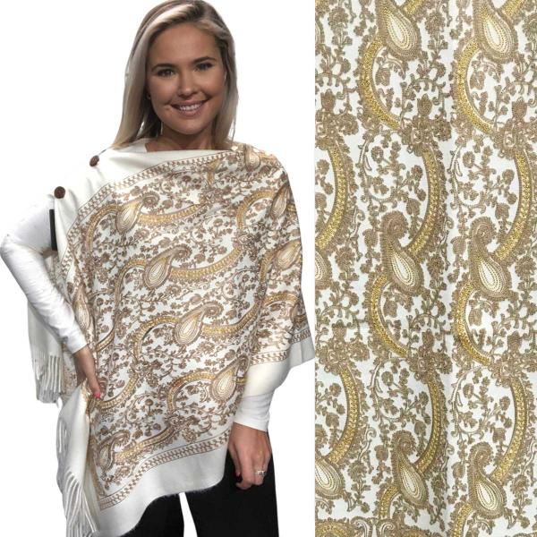 Wholesale 3218 - Embroidered Cashmere Feel Button Shawls 3218 - Cream Paisley<br>
Embroidered Button Shawl - 