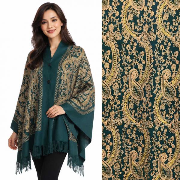 wholesale 3218 - Embroidered Cashmere Feel Button Shawls Dark Green Paisley* - 