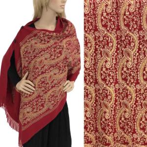 3218 - Embroidered Cashmere Feel Button Shawls Burgundy Paisley* - 