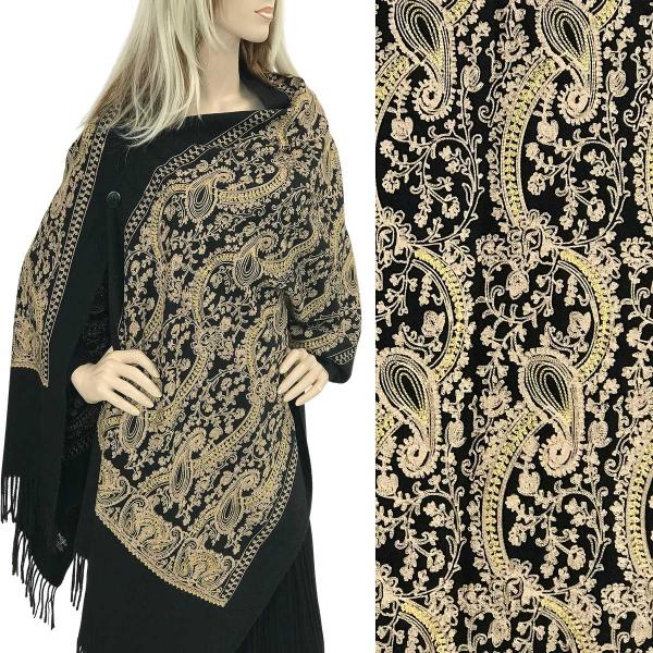Wholesale 3218 - Embroidered Cashmere Feel Button Poncho/Sha BLACK PAISLEY Embroidered Cashmere Feel Shawl w/Wooden Buttons (BCFEB) - 