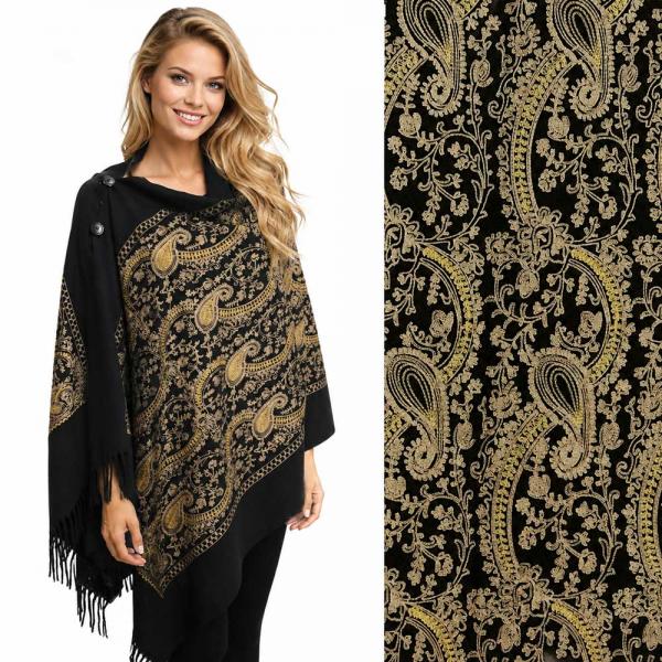 wholesale 3218 - Embroidered Cashmere Feel Button Shawls Black Paisley - 