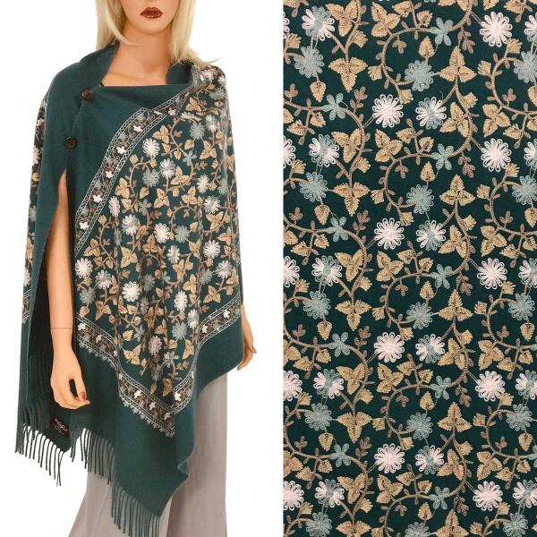 Wholesale 3218 - Embroidered Cashmere Feel Button Poncho/Sha DARK GREEN FLORAL Embroidered Cashmere Feel Shawl w/Wooden Buttons (BCFEB) - 