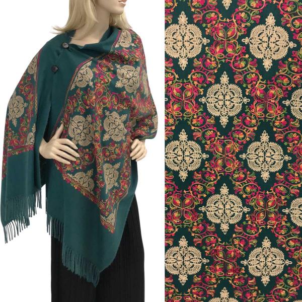 3218 - Embroidered Cashmere Feel Button Poncho/Sha DARK GREEN MULTI  FESTIVAL Embroidered Cashmere Feel Shawl w/Wooden Buttons (BCFEB) - 