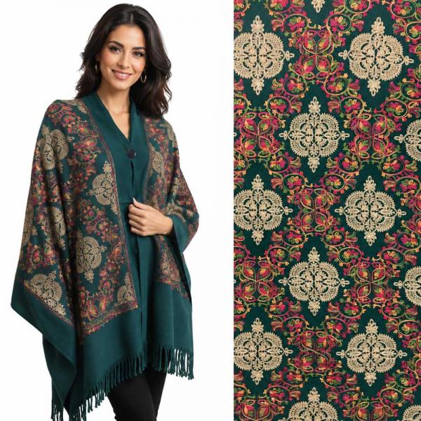 wholesale 3218 - Embroidered Cashmere Feel Button Shawls Dark Green Multi Festival - 