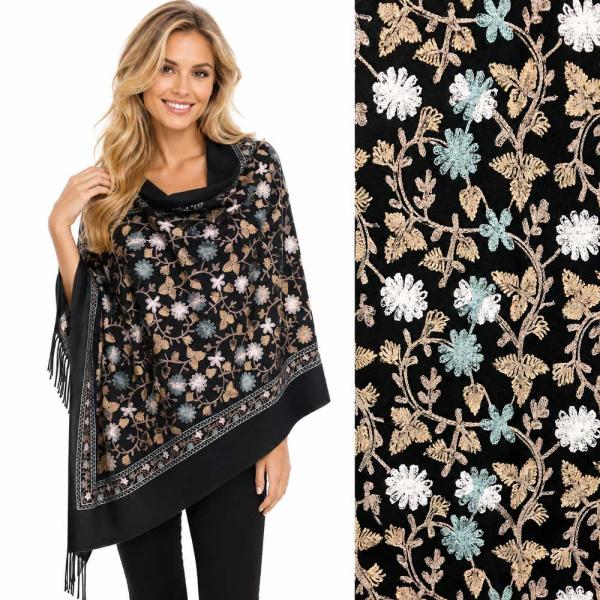 wholesale 3218 - Embroidered Cashmere Feel Button Shawls Black Floral - 