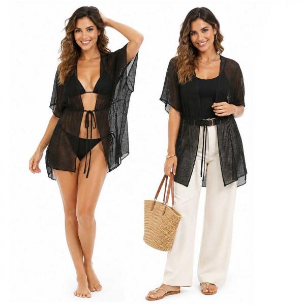 wholesale 1316 - Kimono with Tie/Swim Suit Cover-Up  Black - 