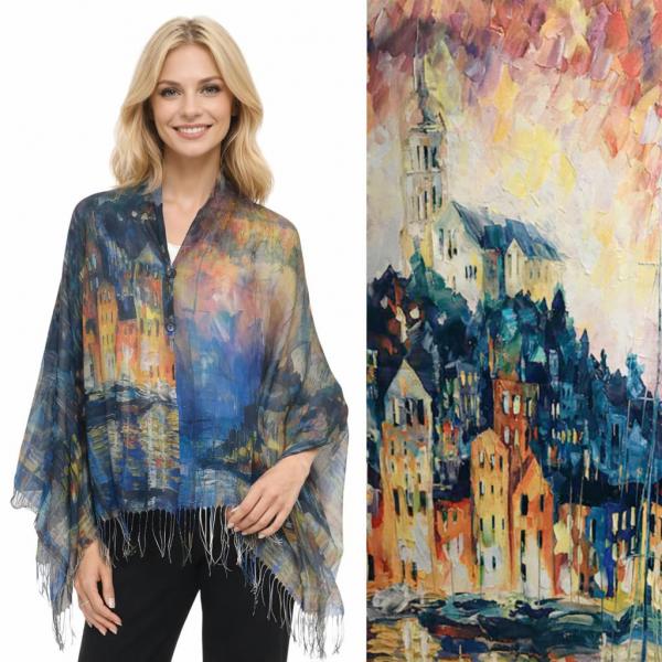 wholesale 3234/T - Art Design Broadcloth  Button Shawls #53 <br>w/ Black Buttons (Cotton Feel)  - 