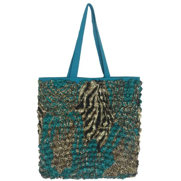 3294 - Puckered Fabric Tote Bags #03 Teal w/ Coin Animal Abstract - 