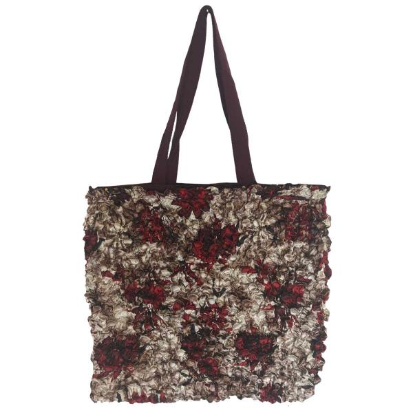 wholesale 3294 - Puckered Fabric Tote Bags #04 Burgundy w/ Coin Abstract Floral - 