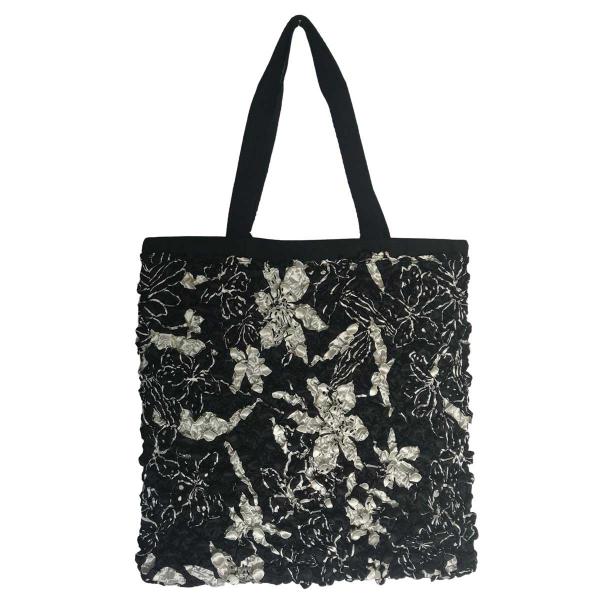 3294 - Puckered Fabric Tote Bags #11 Black w/ Coin Floral - 