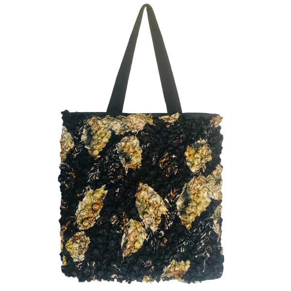 3294 - Puckered Fabric Tote Bags #16 Black w/ Gold Leaves  - 