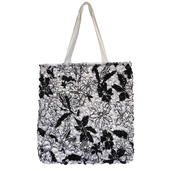 3294 - Puckered Fabric Tote Bags #18 Floral Black on White - 