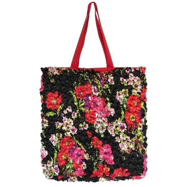 wholesale 3294 - Puckered Fabric Tote Bags #19 Bright Floral on Black - 