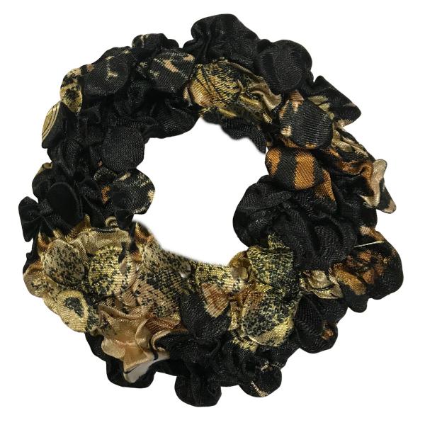 wholesale Scrunchies - Bubble Satin (Jelly Donuts)  #20 BLACK w/GOLD LEAVES Satin (Jelly Donut) Coin Scrunchie - 