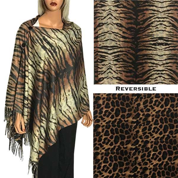 wholesale 3305 - Suede Cloth Animal Print Button Poncho/Shaw 3305-01 <br>Reversible Tiger/Leopard<br>
Black Wooden Buttons - 