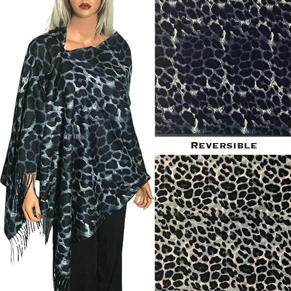 wholesale 3305 - Suede Cloth Animal Print Button Poncho/Shaw 3305-02 <br>Reversible Leopard Black - Leopard Grey <br>
Black Wooden Buttons - 