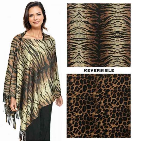 wholesale 3305 - Suede Cloth Animal Print Button Shawl 3305-01 <br>Reversible Tiger/Leopard<br>
Black Wooden Buttons - 