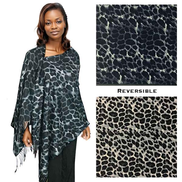 Wholesale 3305 - Suede Cloth Animal Print Button Shawl 3305-02 <br>Reversible Leopard Black - Leopard Grey <br>
Black Wooden Buttons - 