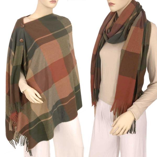 wholesale 3306 - Plaid Button Poncho Shawls 3306 PLAID GREEN-PAPRIKA-BEIGE with Brown Buttons - 