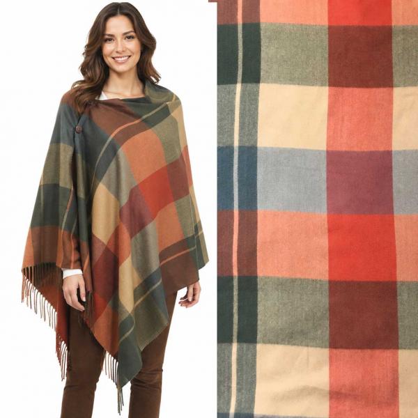 wholesale 3306 - Country Plaid Button Shawls 3306 Plaid Green-Paprika-Beige with Brown Buttons  - 