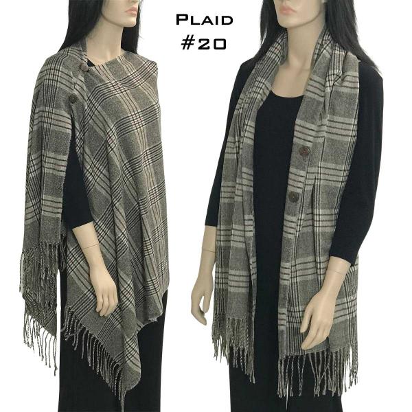 wholesale 3306 - Plaid Button Poncho Shawls 3306 PLAID BROWN #20 with Brown Buttons - 