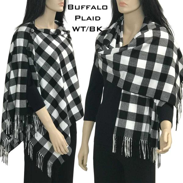 wholesale 3306 - Plaid Button Poncho Shawls 3306 BUFFALO PLAID WHITE/BLACK with Black Buttons - 