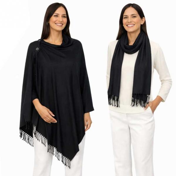 wholesale 624 - Cashmere Feel Wooden Button Shawls  #01 - Black<br> 
with Black Wooden Buttons - 