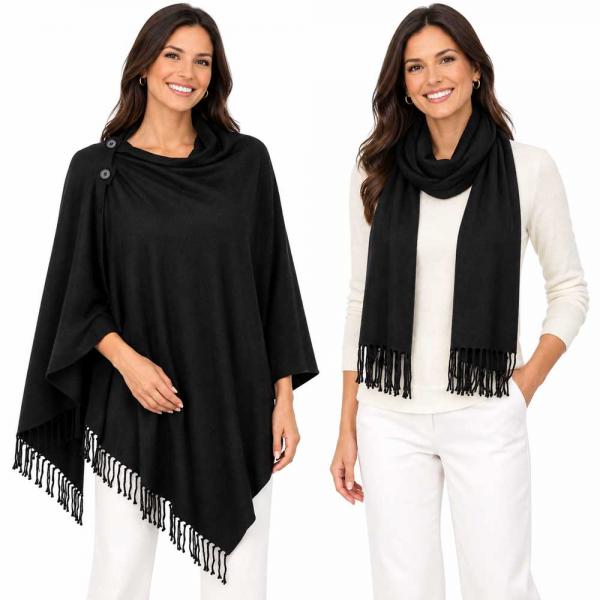 Wholesale 624 - Cashmere Feel Wooden Button Shawls  #01 - Black<br> 
with Black Wooden Buttons - 