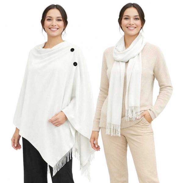 wholesale 624 - Cashmere Feel Wooden Button Shawls  #02 - Ivory<br> with Black Wooden Buttons  - 