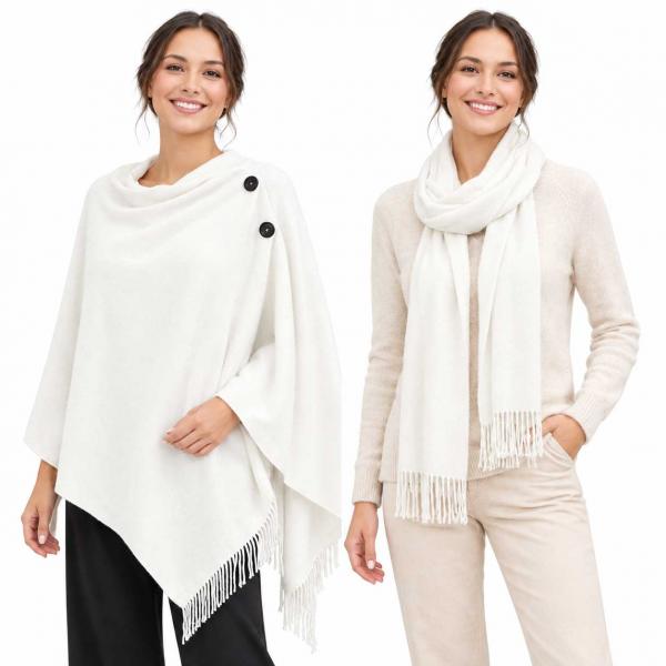 Wholesale 624 - Cashmere Feel Wooden Button Shawls  #02 - Ivory<br> with Black Wooden Buttons  - 