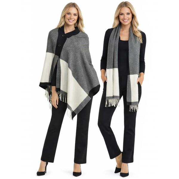 wholesale 624 - Cashmere Feel Wooden Button Shawls  Two-Tone Black/Ivory with Black Wooden Buttons - 