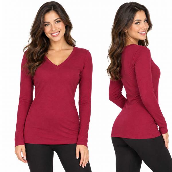 Wholesale Brushed Fiber - V-Neck Long Sleeve Top 2054 Wine  - Medium