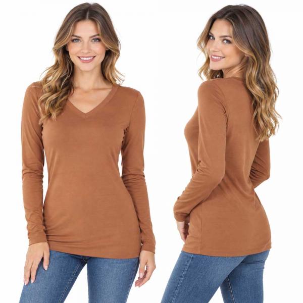 Wholesale Brushed Fiber - V-Neck Long Sleeve Top 2054 Deep Camel  - X-Large