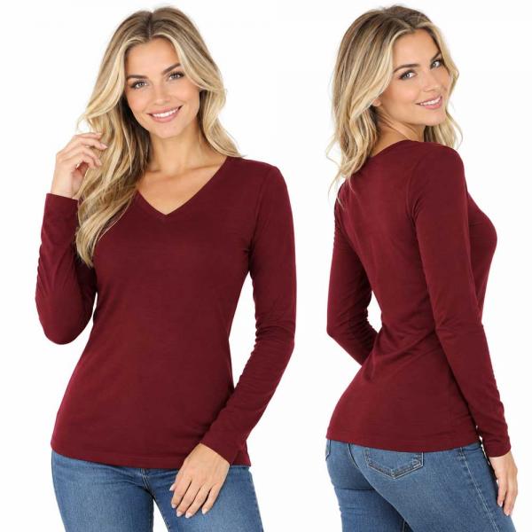 Wholesale Brushed Fiber - V-Neck Long Sleeve Top 2054 Dark Burgundy  - 3X