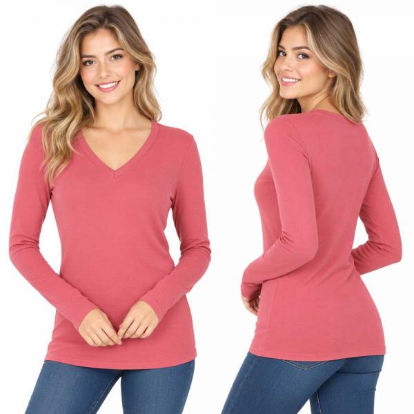 Wholesale Brushed Fiber - V-Neck Long Sleeve Top 2054 Rose  - Large