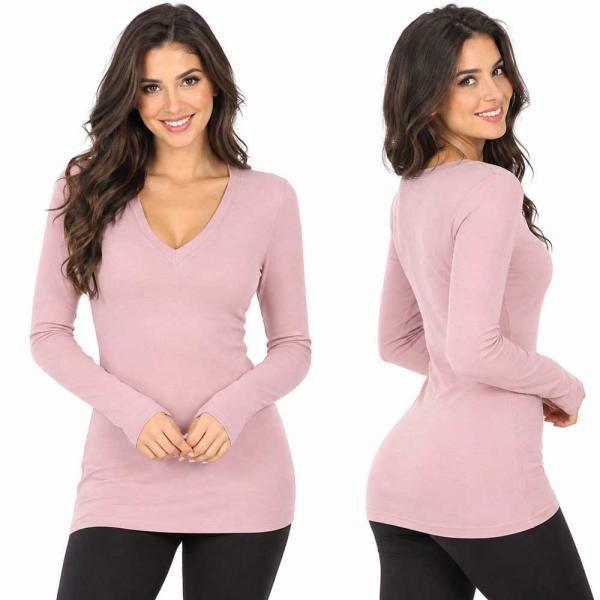 Wholesale Brushed Fiber - V-Neck Long Sleeve Top 2054 Light Rose  - Medium
