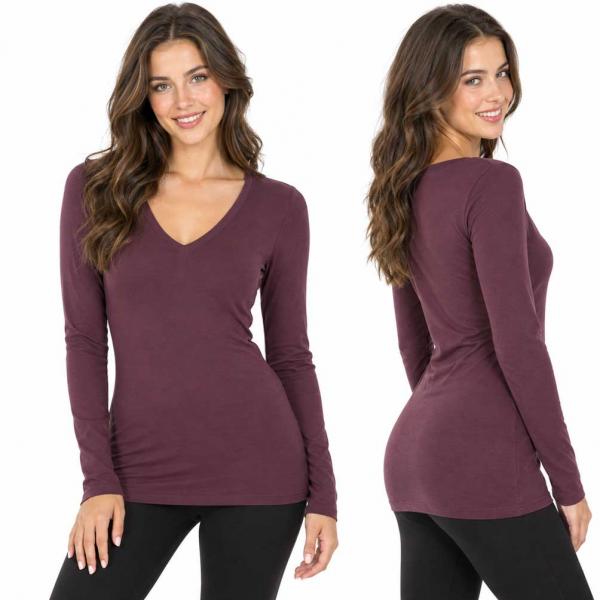 Wholesale Brushed Fiber - V-Neck Long Sleeve Top 2054 Eggplant  - 1X