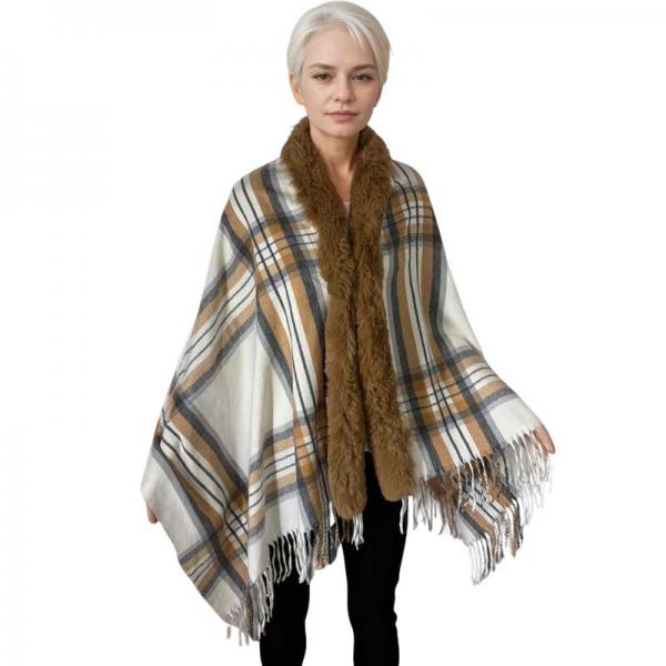 Wholesale LC1R - Faux Rabbit Trim Shawls LC1R Plaid with Camel Fur #30  - 