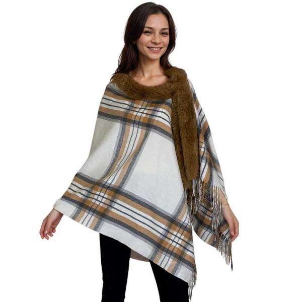 wholesale LC1R - Faux Rabbit Trim Shawls LC1R Plaid with Camel Fur #30  - 