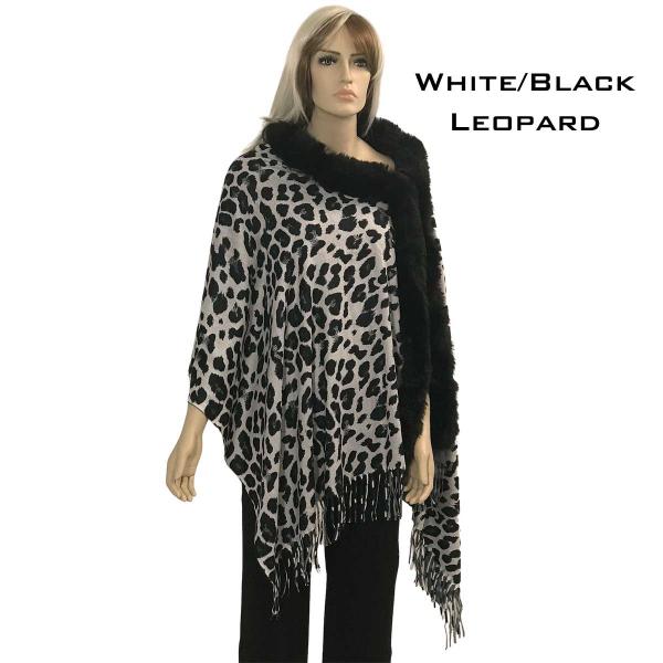 wholesale LC1R - Faux Rabbit Trim Shawls LC1R WHITE/BLACK LEOPARD with Black Fur - 