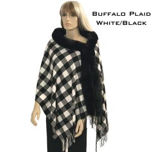 LC1R - Faux Rabbit Trim Shawls LC1R BUFFALO PLAID WHITE/BLACK with Black Fur - 