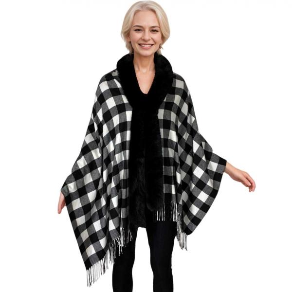 Wholesale LC1R - Faux Rabbit Trim Shawls LC1R Buffalo Plaid White/Black with Black Fur - 