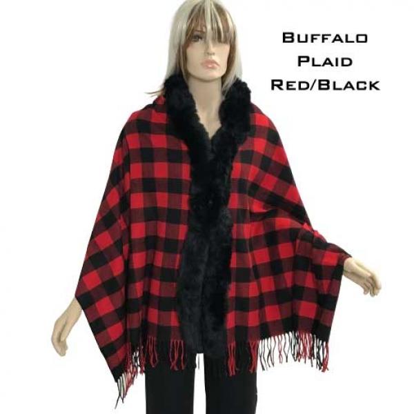 wholesale LC1R - Faux Rabbit Trim Shawls LC1R BUFFALO PLAID RED/BLACK with Black Fur - 