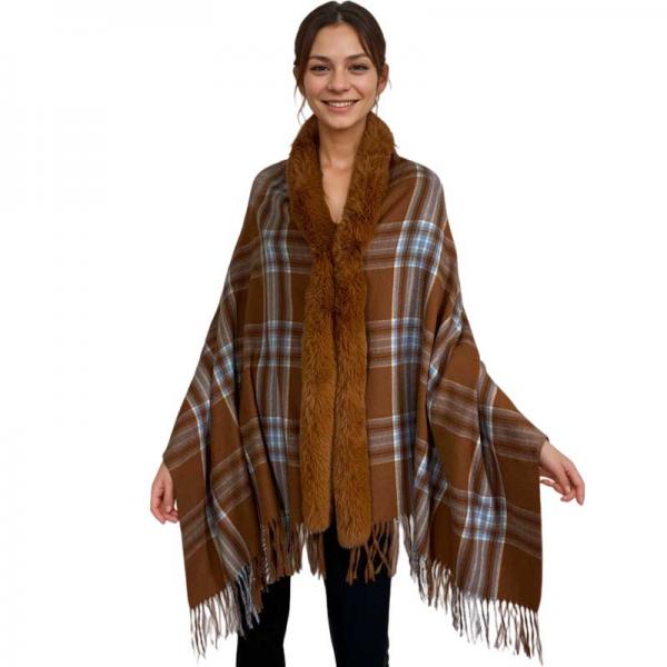 Wholesale LC1R - Faux Rabbit Trim Shawls LC1R Plaid with Caramel Fur #22 - 