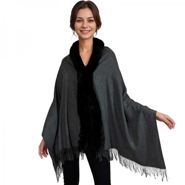 wholesale LC1R - Faux Rabbit Trim Shawls LC1R Charcoal with Black Fur - 